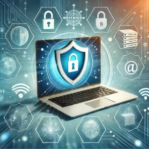 DALL·E 2024 11 27 15.25.20 A professional and visually appealing illustration of website security for a WordPress site. The image should feature a digital shield symbol prominen