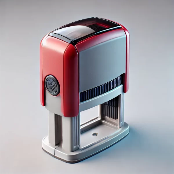 DALL·E 2025 02 20 13.53.59 A realistic image of a self inking rubber stamp similar to the one in the provided reference. The stamp has a red plastic cover on top and a gray base